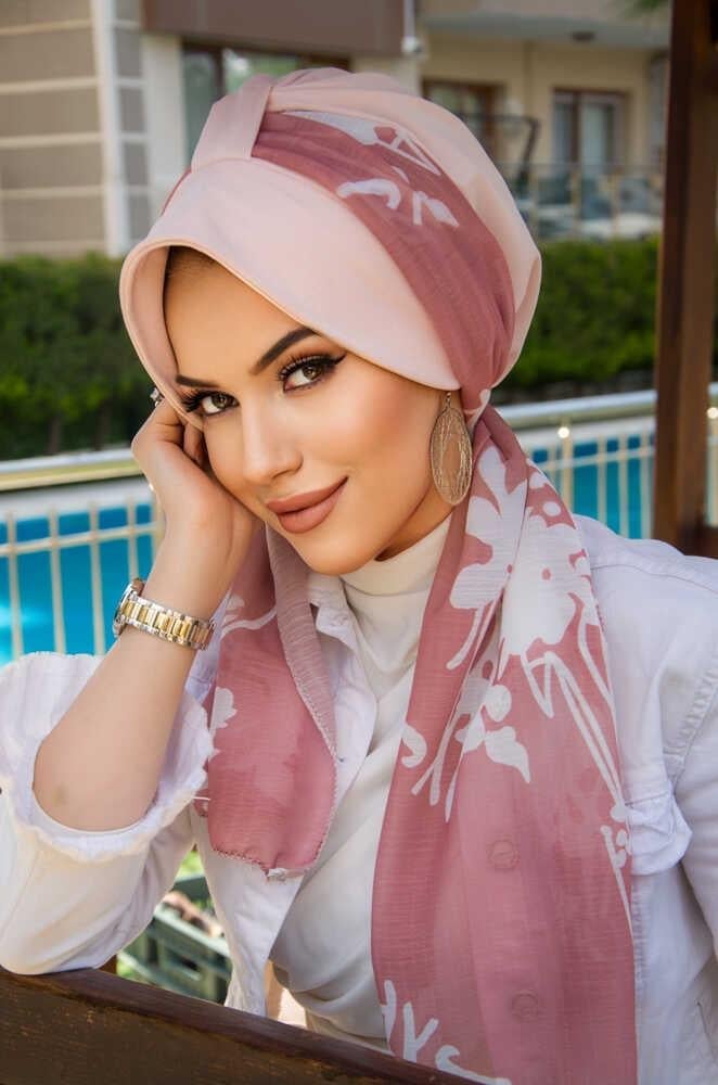 Pudra Gülkurusu Çiçek Desen Fularlı Şapka Bone