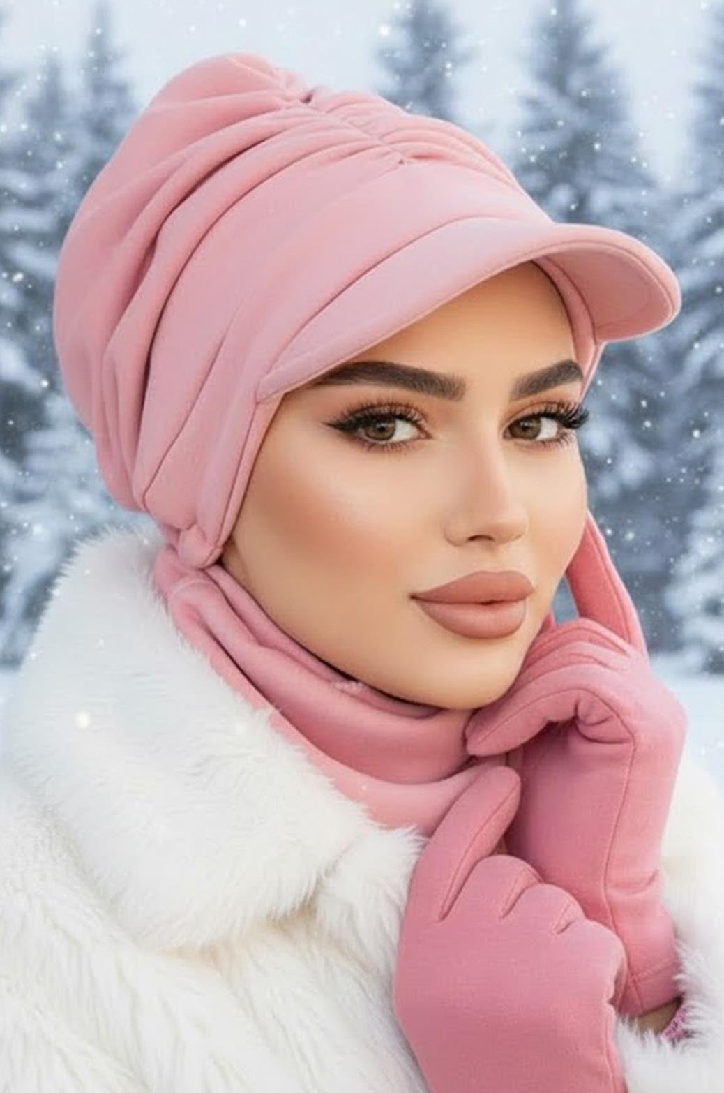 Pudra Kışlık Büzgülü Tesettür Şapka Ve Etol Takım