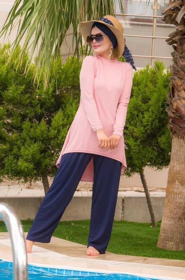 Pudra Lacivert Tesettür Mayo / ikili takım