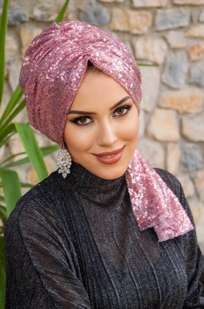 Pudra Payetli Abiye Tokalı Bone