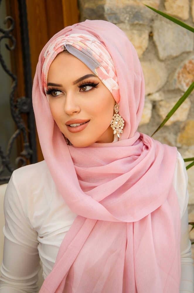 Pudra Somon Çiçek Desen Hazır Şal