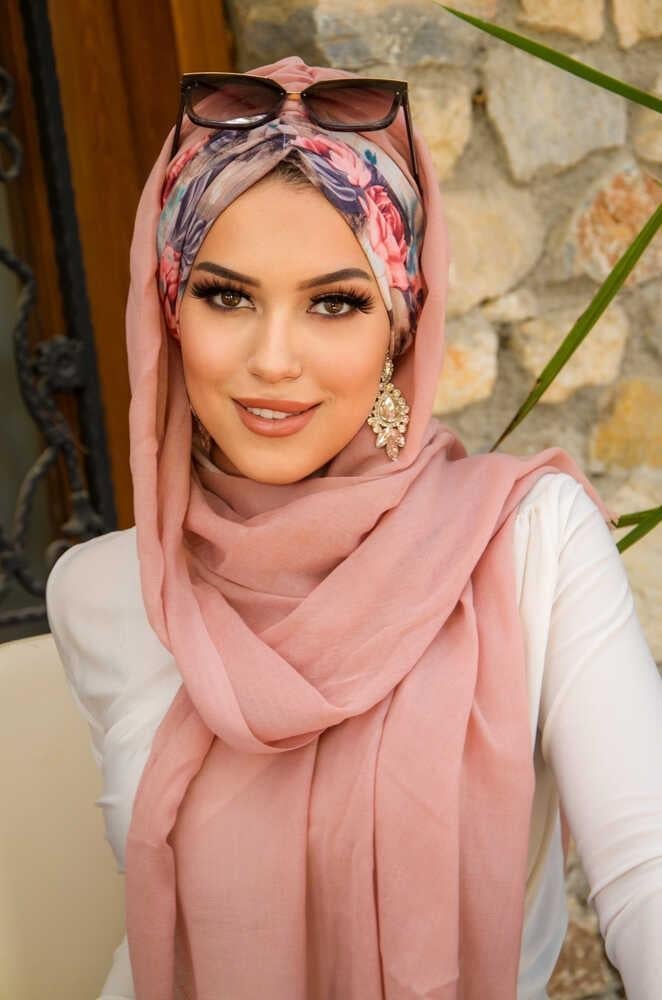 Pudra Turkuaz Çiçek Desen Hazır Şal