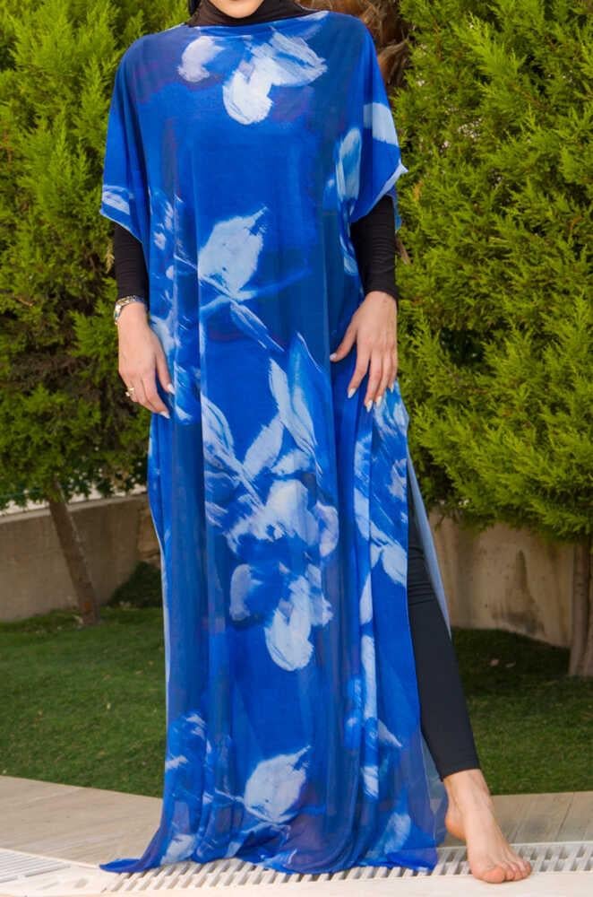 Saks Mavi Desenli Tesettür Pareo