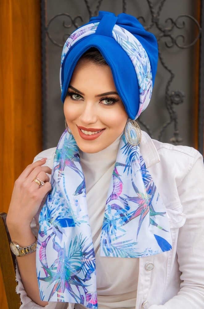 Saks Mavi Yaprak Desenli Şapkalı Bone