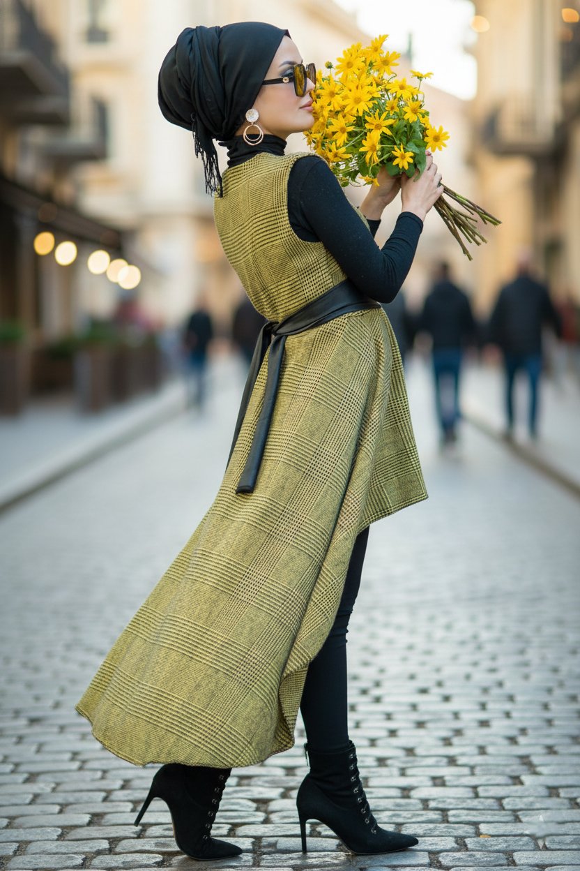 Sarı Siyah Kareli Yelek