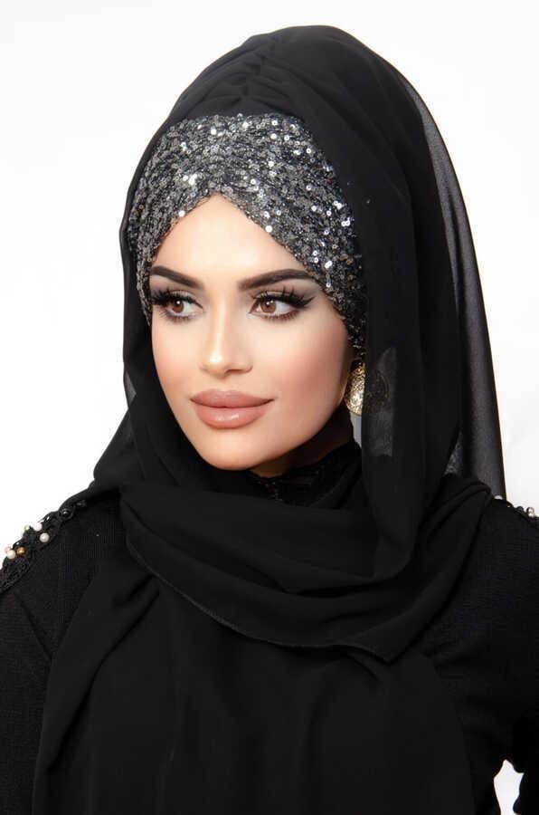 Siyah Antrasit Pul Payetli Abiye Şal