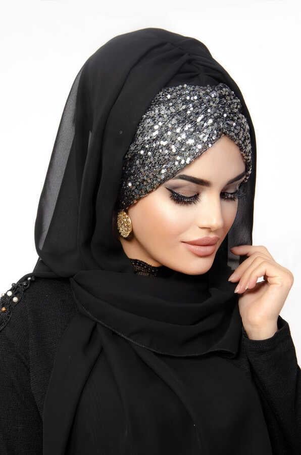 Siyah Antrasit Pul Payetli Abiye Şal