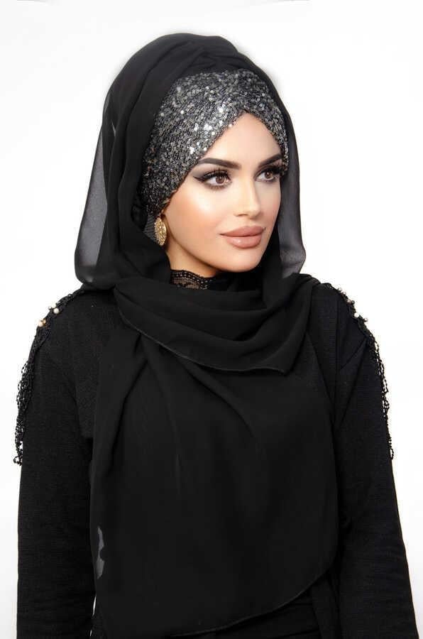 Siyah Antrasit Pul Payetli Abiye Şal