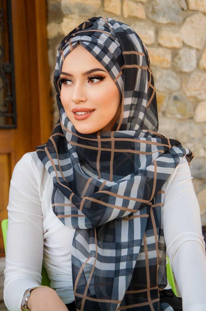 Siyah Bej Ekose Desen Hazır Şal