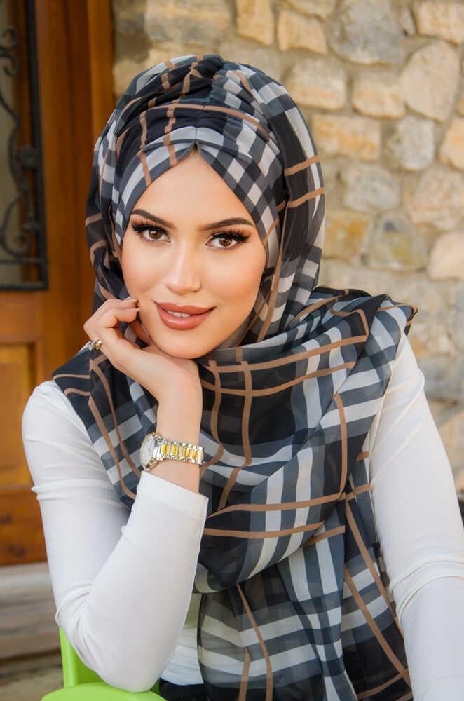 Siyah Bej Ekose Desen Hazır Şal