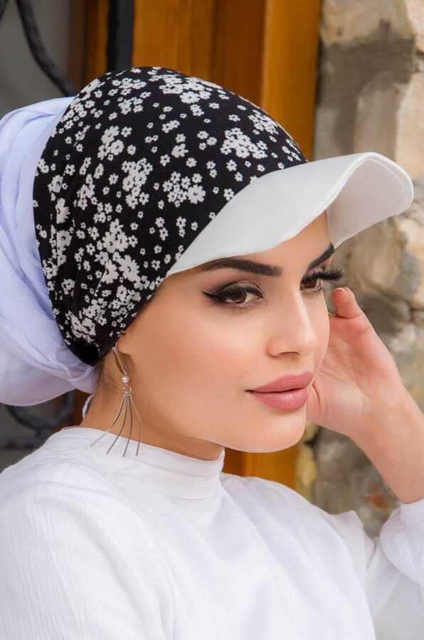 Siyah Beyaz Çiçek Desenli Bone Bant - Bağcıklı