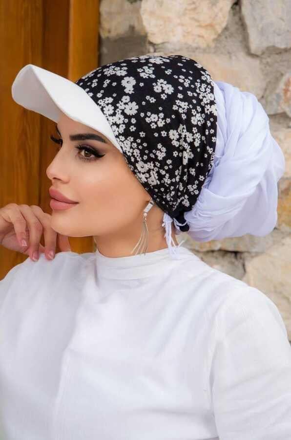 Siyah Beyaz Çiçek Desenli Bone Bant - Bağcıklı