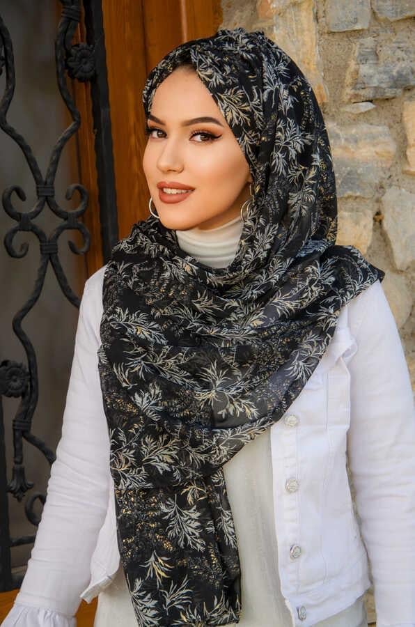 Siyah Beyaz Çiçekli Şifon Hazır Şal - 50600
