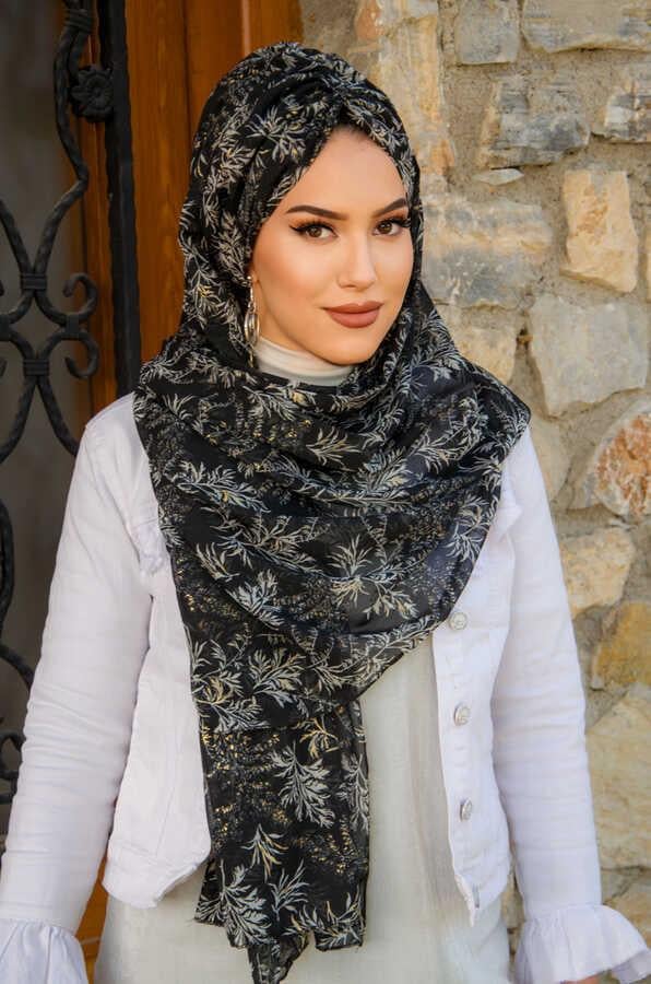 Siyah Beyaz Çiçekli Şifon Hazır Şal - 50600