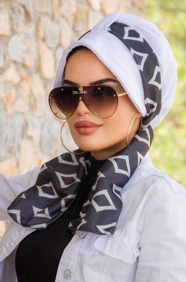 Siyah Beyaz Desen Fularlı Şapka Bone