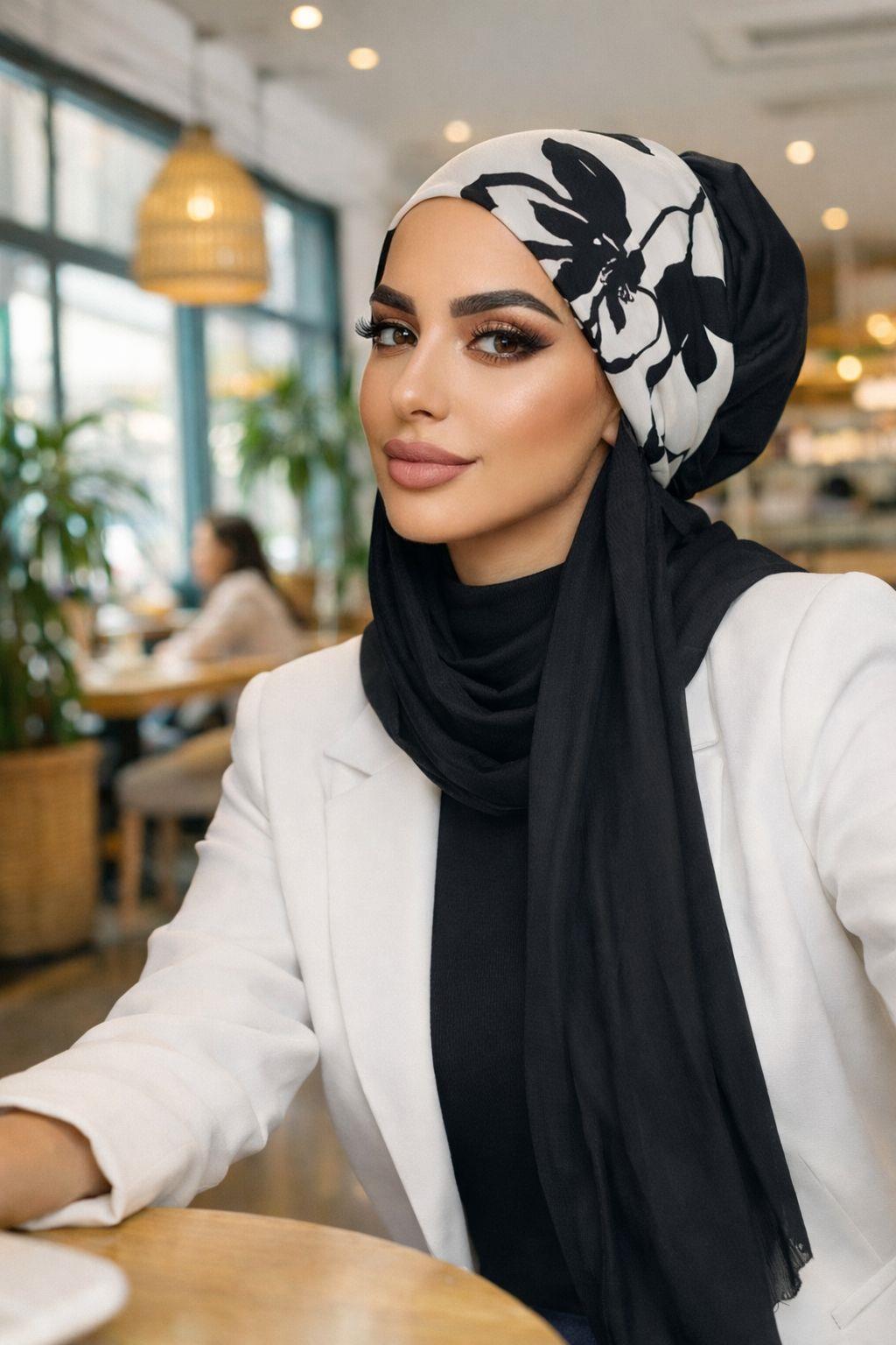 Siyah Beyaz Desenli Kelebek Bone Şal