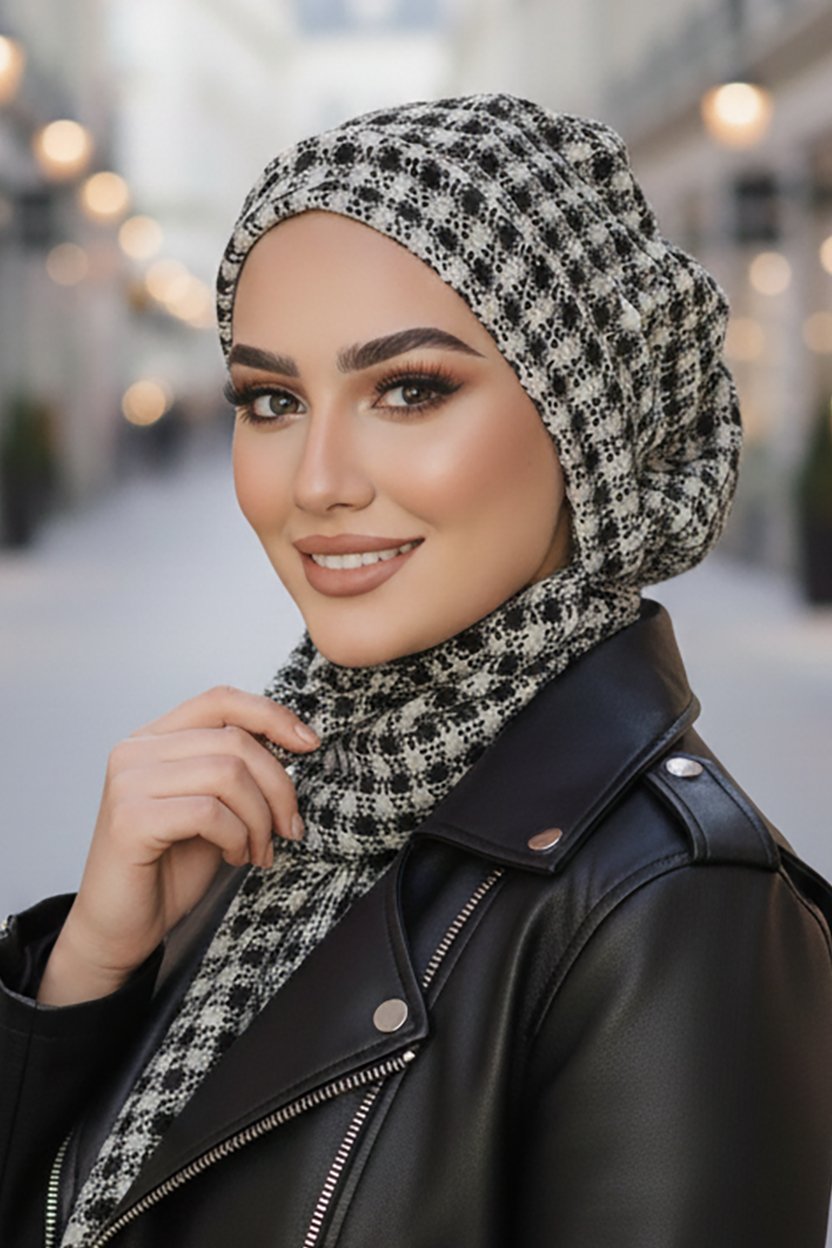 Siyah Beyaz Ekoseli Tesettür Bere