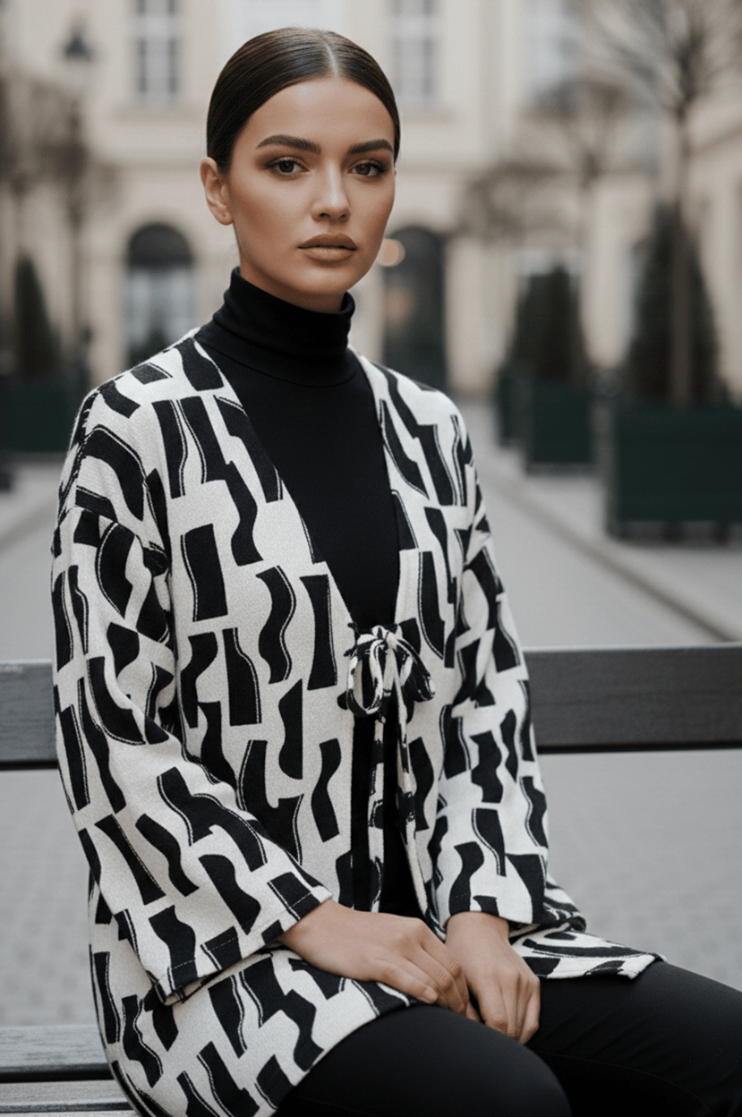 Siyah Beyaz Önü Bağlamalı Kimono Tunik