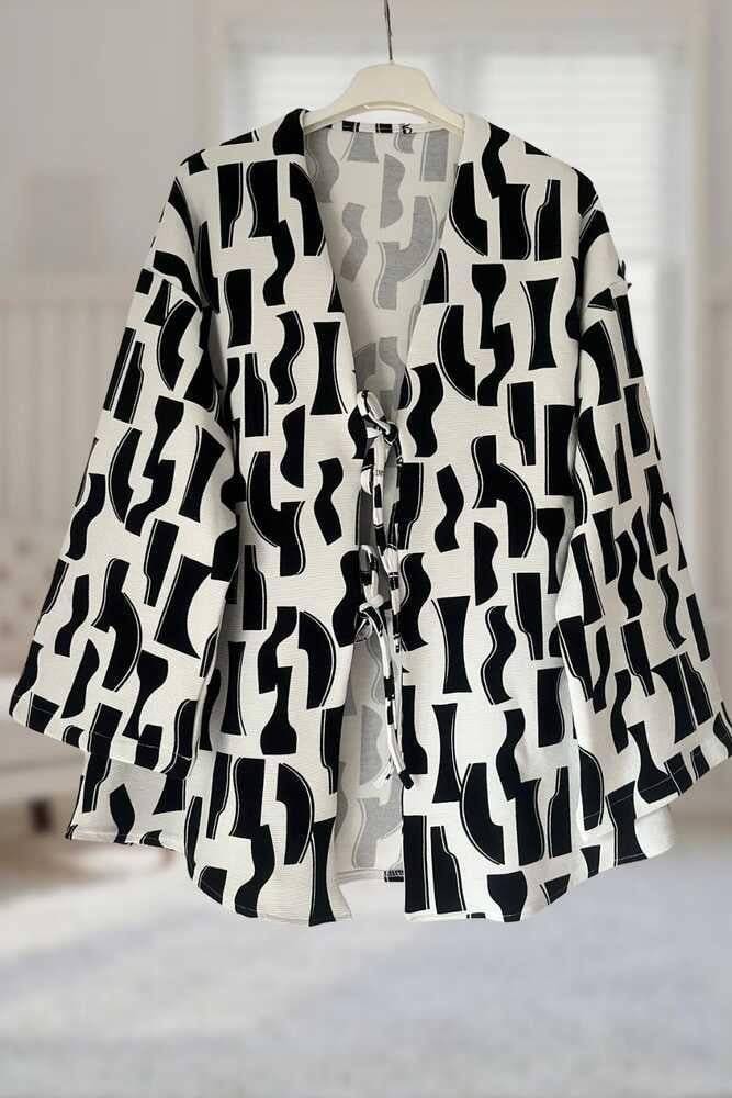 Siyah Beyaz Önü Bağlamalı Kimono Tunik