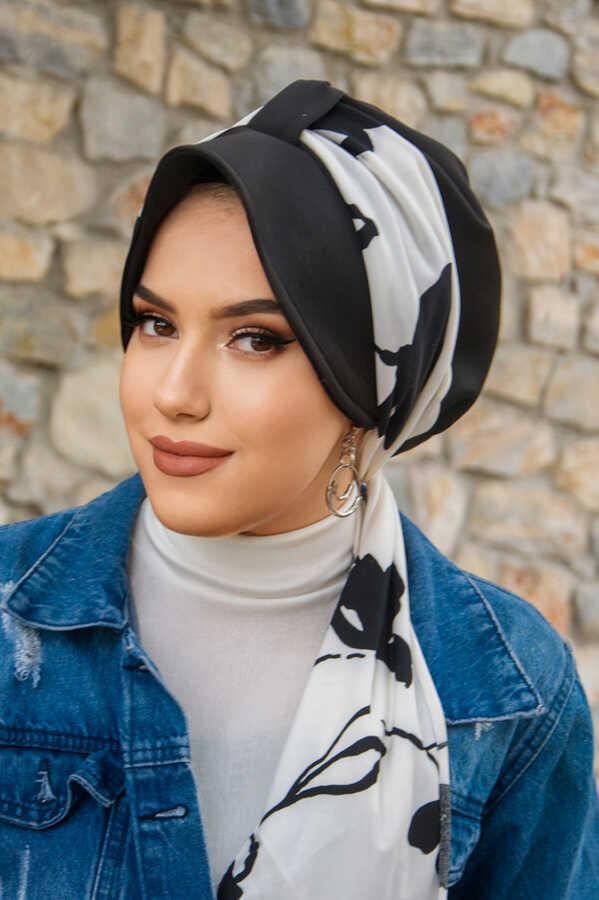 Siyah Beyaz Yaprak Desen Fularlı Şapka Bone