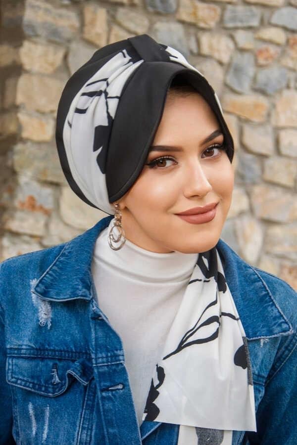 Siyah Beyaz Yaprak Desen Fularlı Şapka Bone
