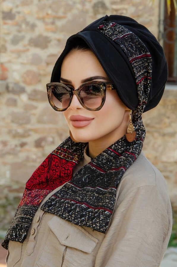 Siyah Bordo Etnik Desen Şapkalı Bone