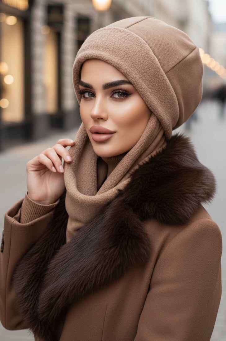 Camel Atkılı Tesettür Bere / UZUN ATKILI