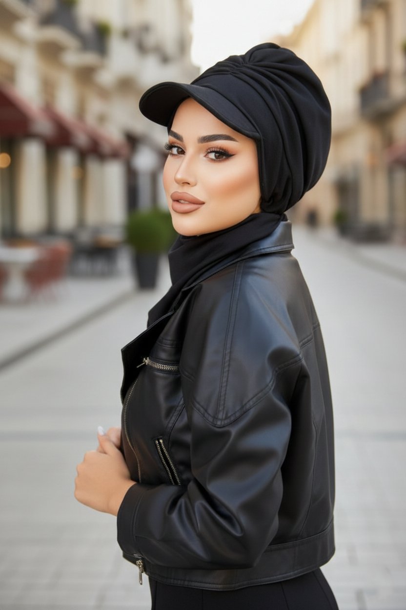 Siyah Büzgülü Tesettür Şapka