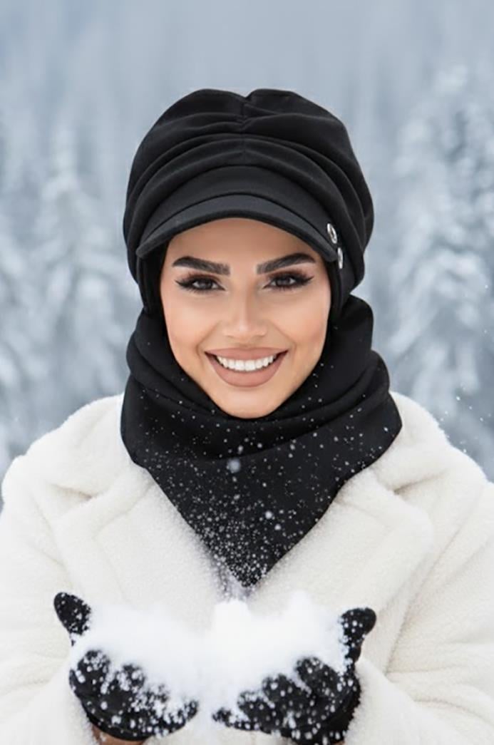 Siyah Büzgülü Tesettür Şapka Ve Etol Takım