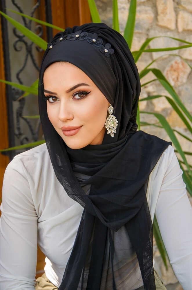 Siyah Çiçek Taşlı Hazır Abiye Şal