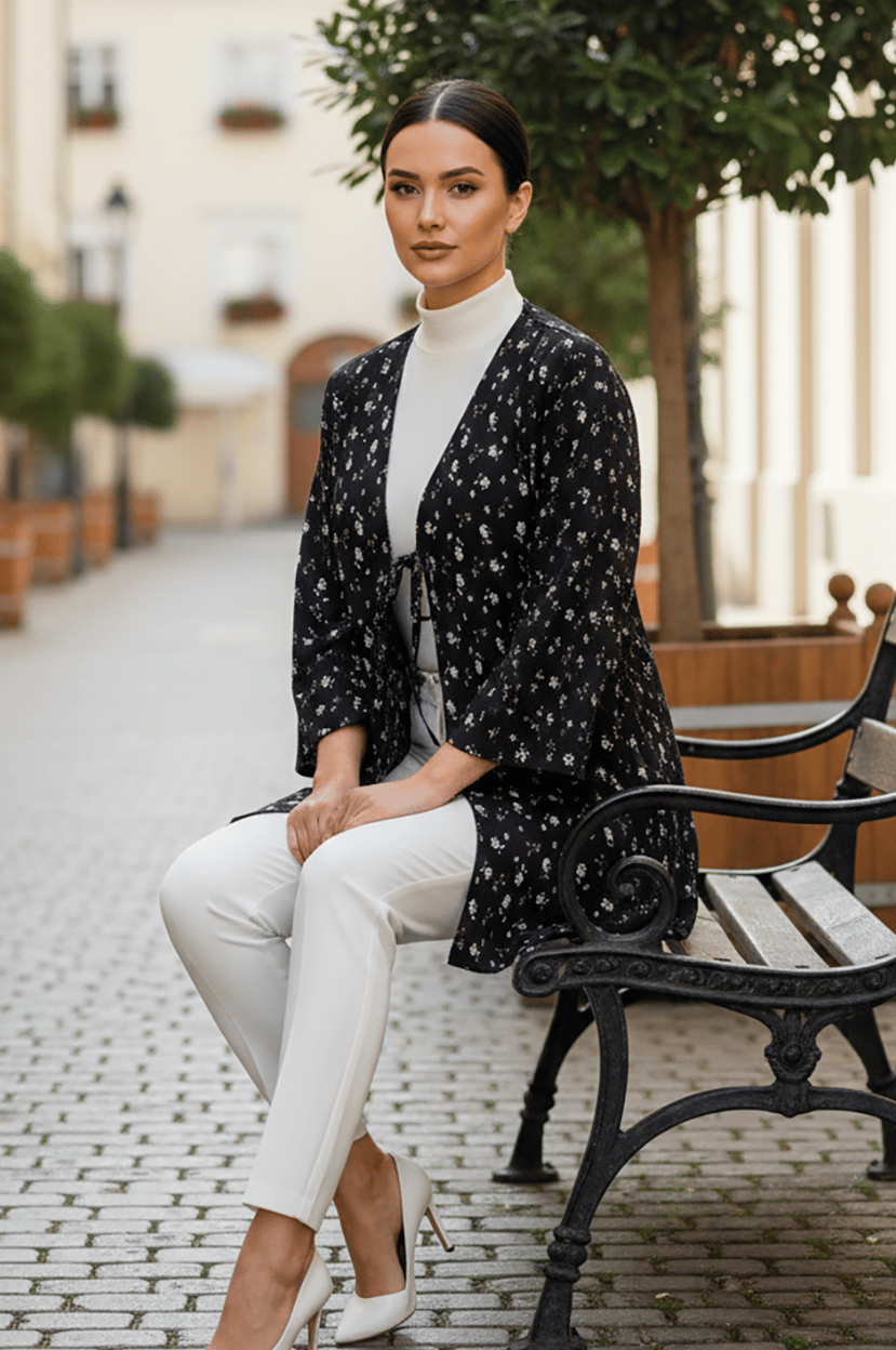 Siyah Çiçekli Önü Bağlamalı Kimono Tunik / Likralı Yazlık Kumaş