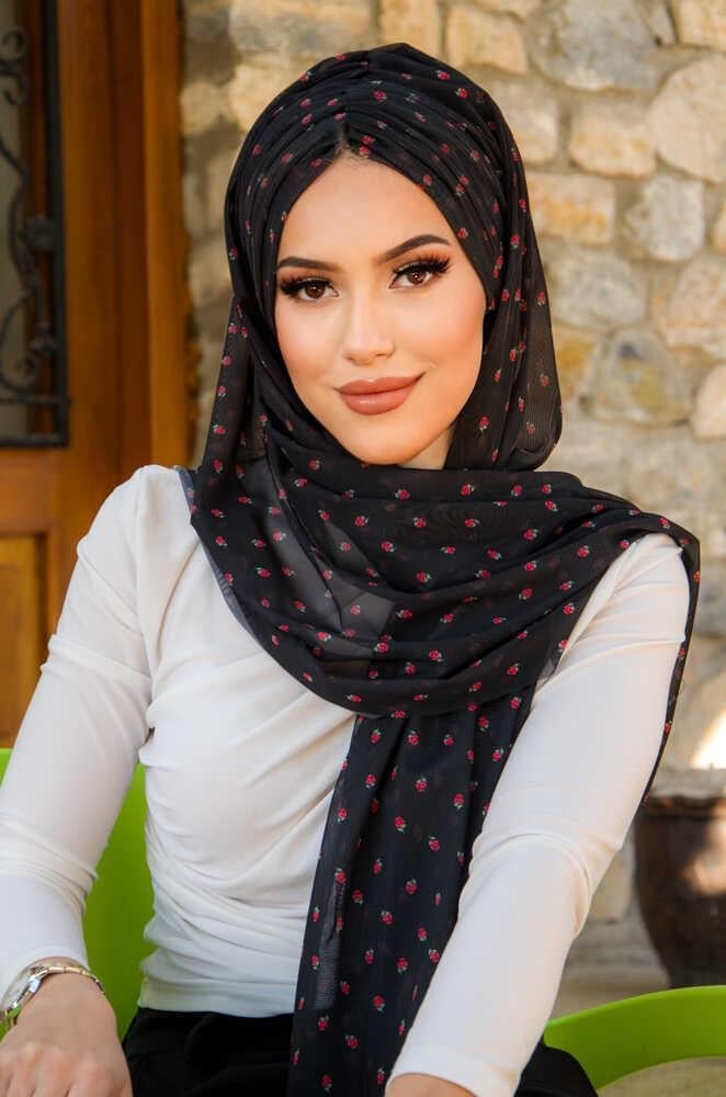 Siyah Çilek Desen Hazır Şal