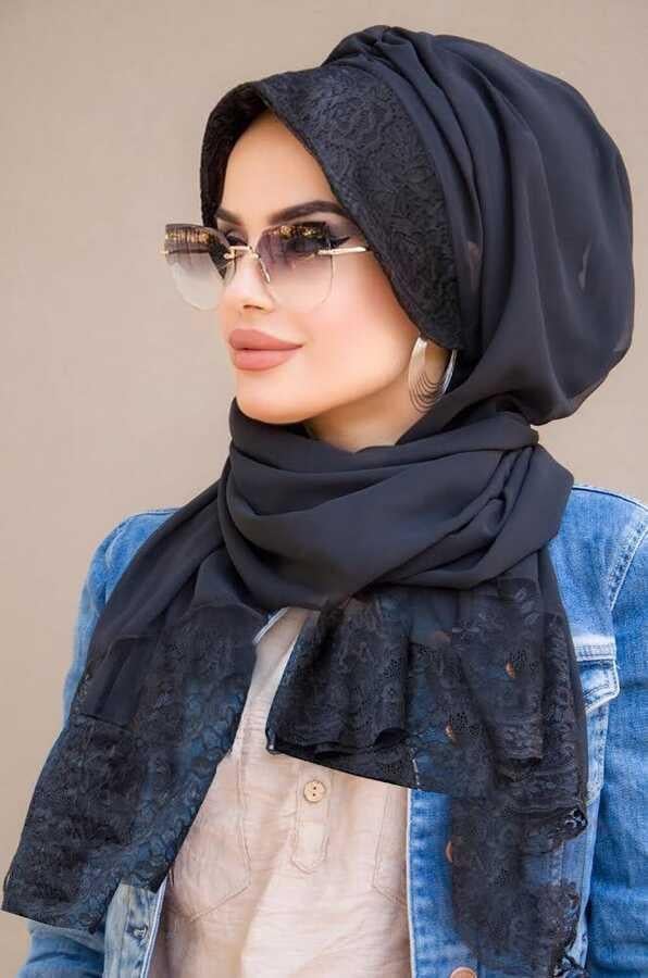 Siyah Dantelli Şapka Şal