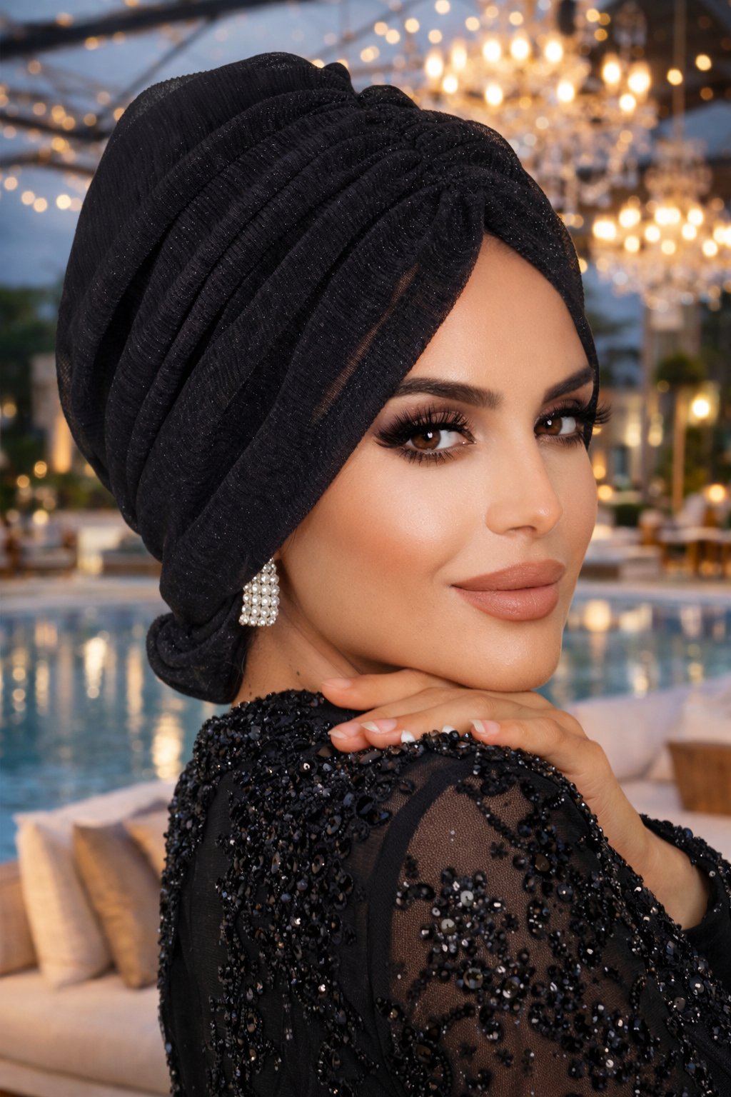 Siyah Desenli Abiye Tokalı Bone