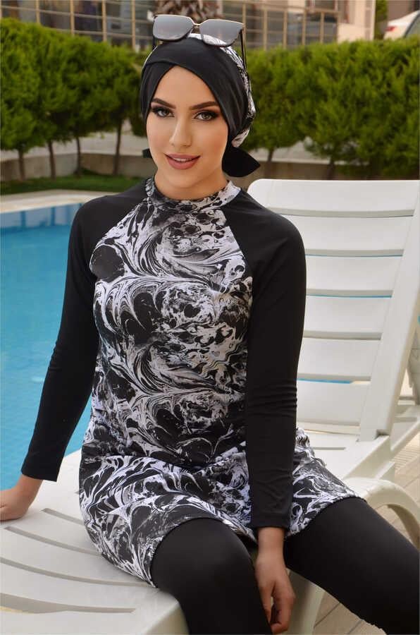 Siyah Ebruli Tesettür Mayo Takım