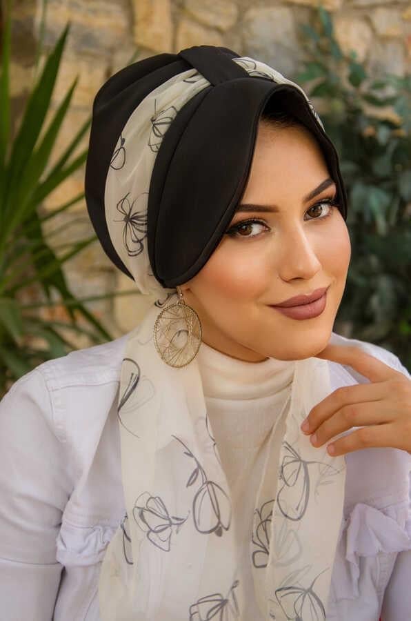 Siyah Ekru Desen Fularlı Şapka Bone