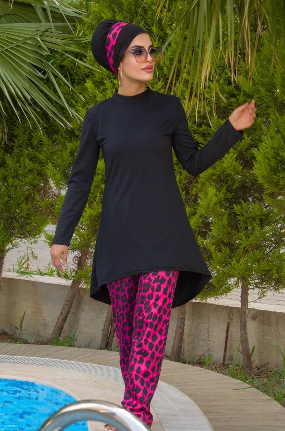 Siyah Fuşya Leopar Tesettür Mayo