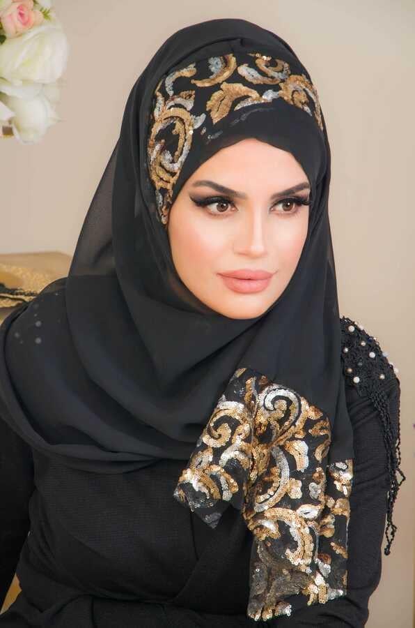 Siyah Gold Detaylı Payetli Abiye Double Şal