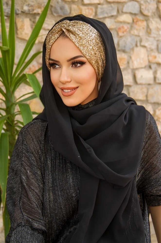 Siyah Gold Simli Abiye Şal