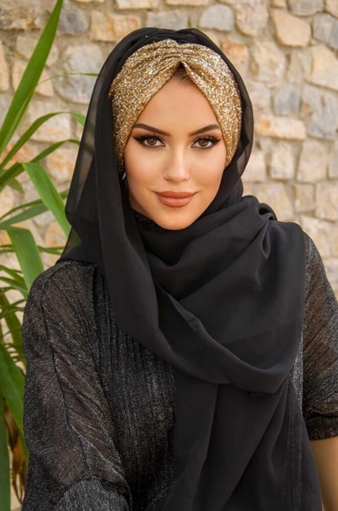 Siyah Gold Simli Abiye Şal