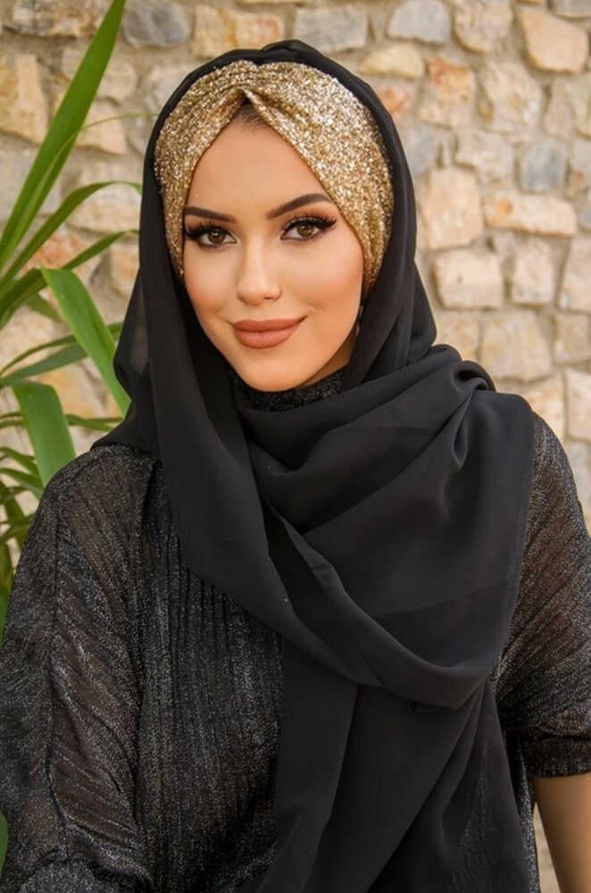 Siyah Gold Simli Abiye Şal