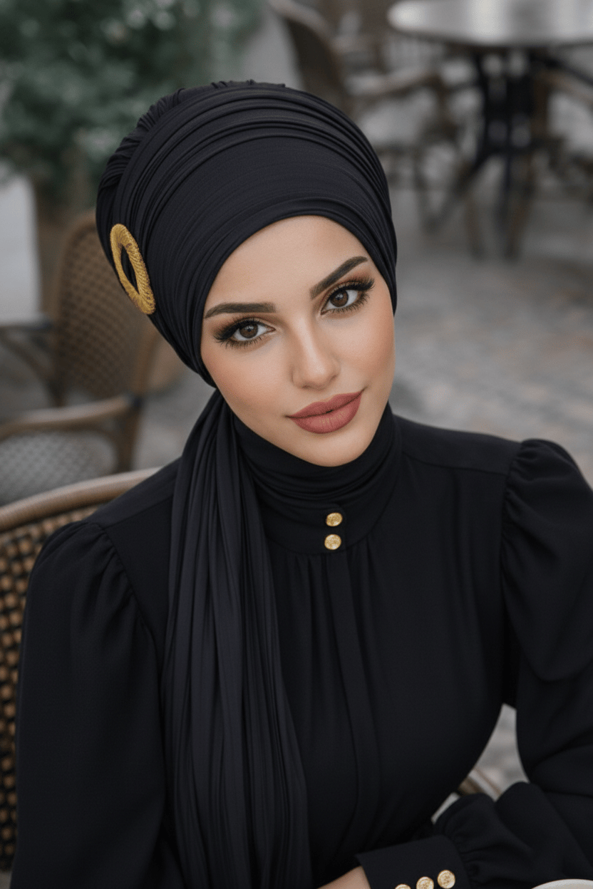 Siyah Gold Tokalı Atkılı Bone