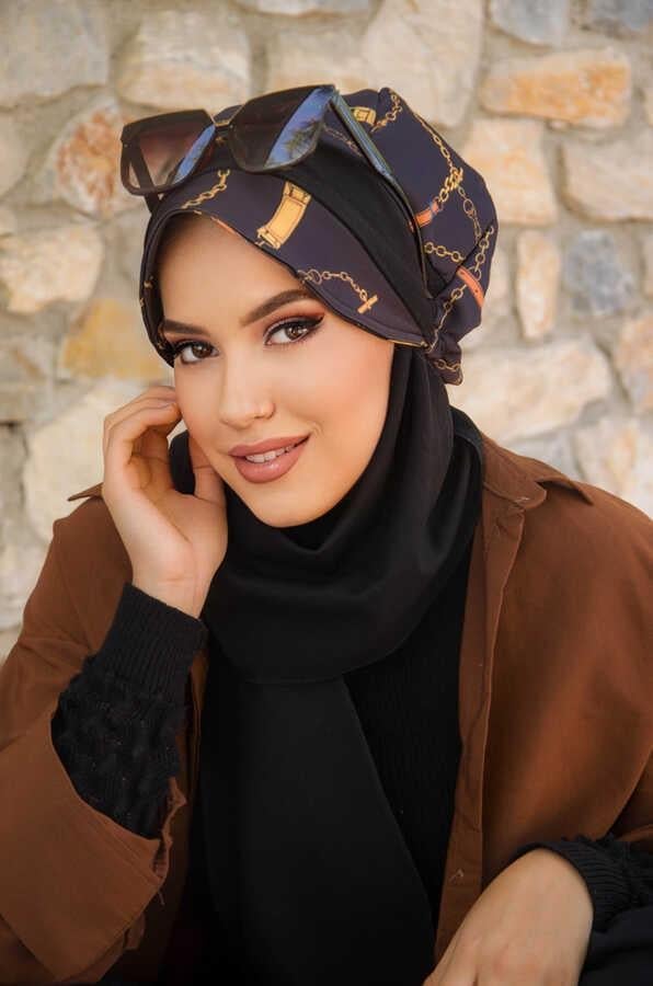 Siyah Gold Zincir  Desen Tesettür Şapka
