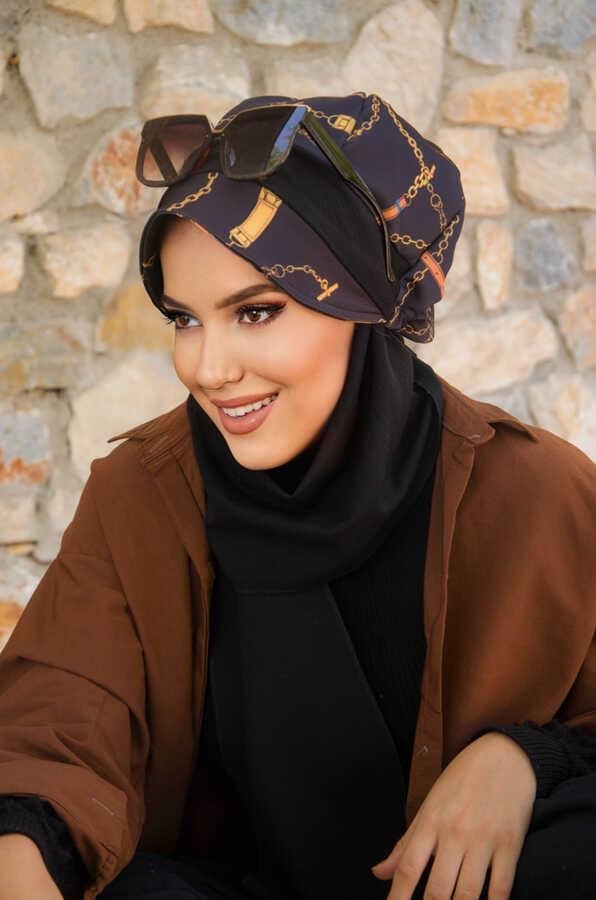 Siyah Gold Zincir  Desen Tesettür Şapka