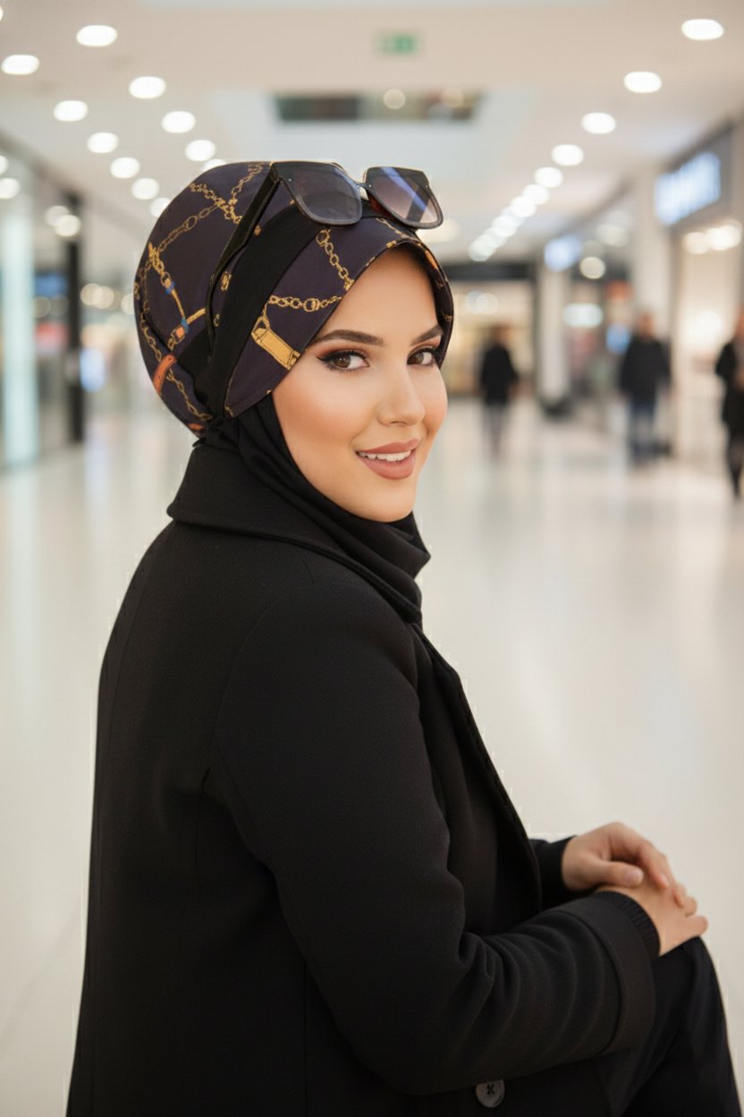 Siyah Gold Zincir  Desen Tesettür Şapka