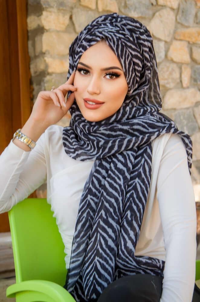 Siyah Gri Zebra Desen Hazır Şal