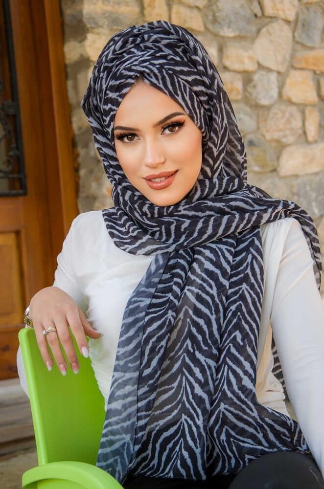 Siyah Gri Zebra Desen Hazır Şal