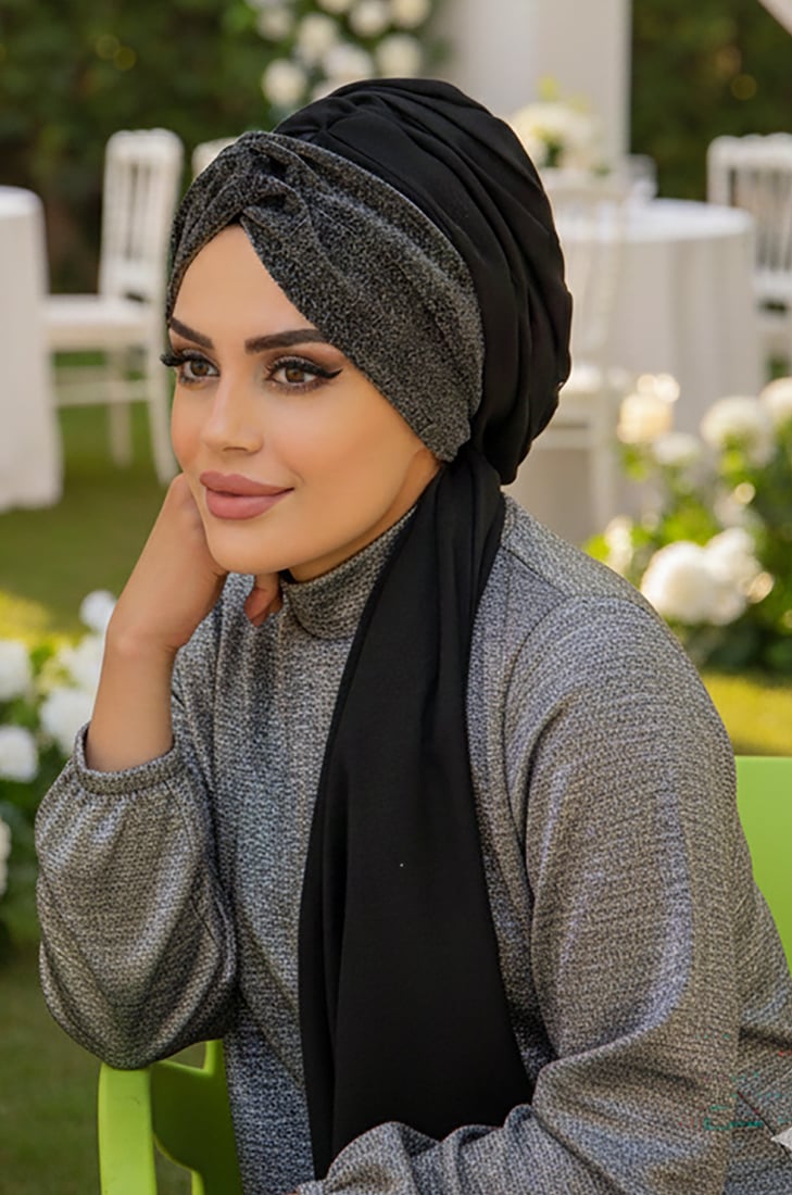 Siyah Gümüş Burgu Hazır Şal