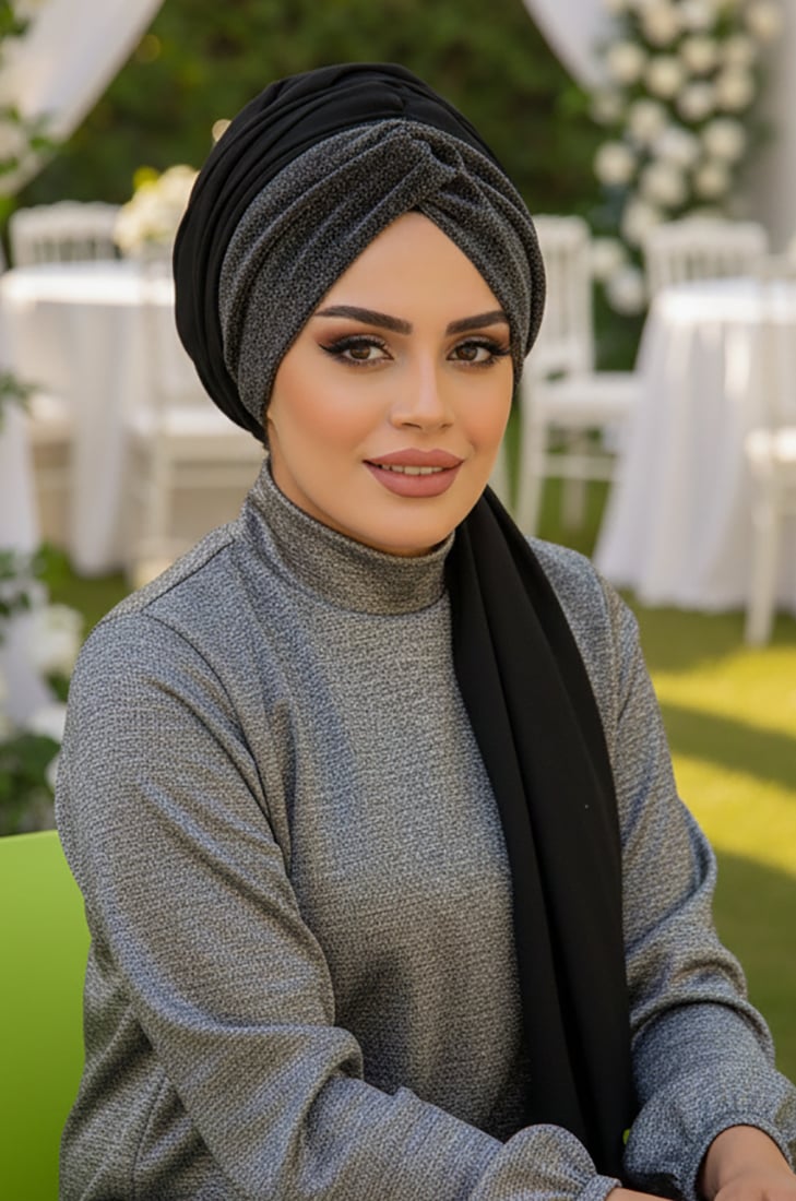 Siyah Gümüş Burgu Hazır Şal