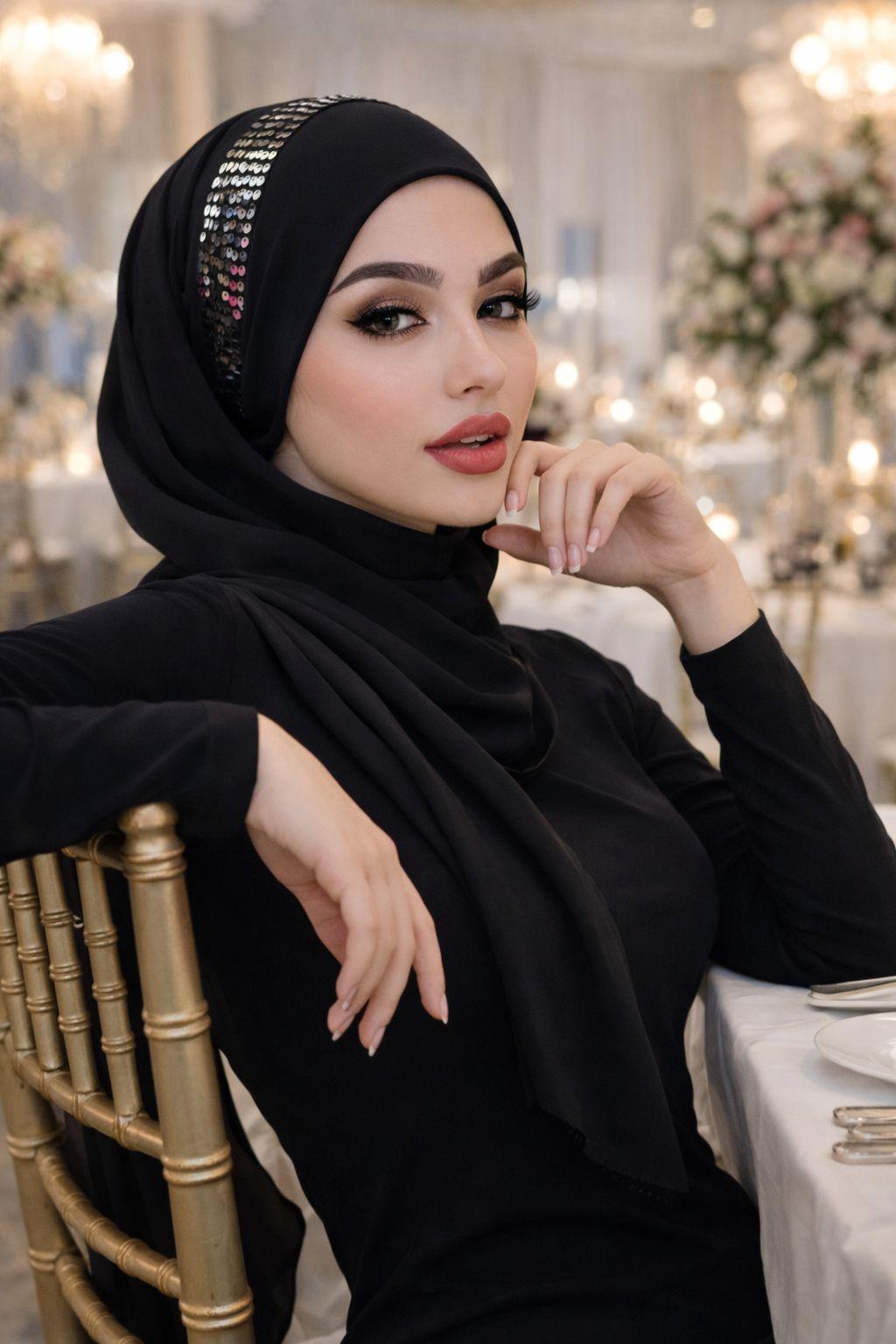 Siyah Gümüş Payetli Bandana Abiye Şal